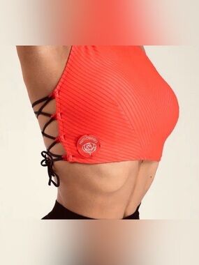 Prima Bella Neon Coral Lace-Up Dance Crop Top | XXS | Ballroom Practice Wear